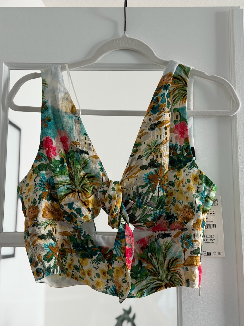 Zara White Multicolor Tropical Tie-Front Crop Top